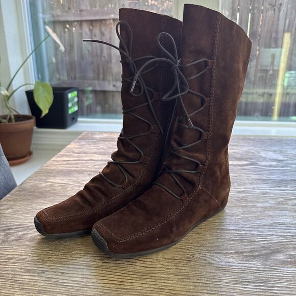 Elle Brown Chestnut Suede Womens Size 7-7.5 Boot Lace Up Square Toe Mid Calf - Picture 1 of 8